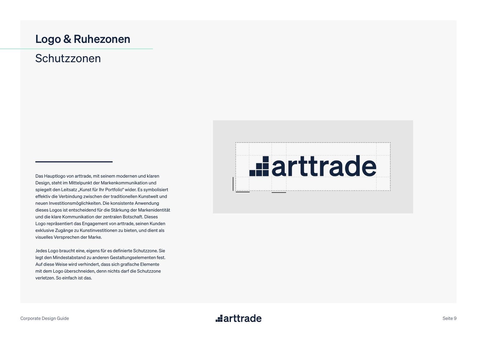 Vollständige Seite 9 des arttrade Corporate Design Guides zu Logo und Schutzzonen